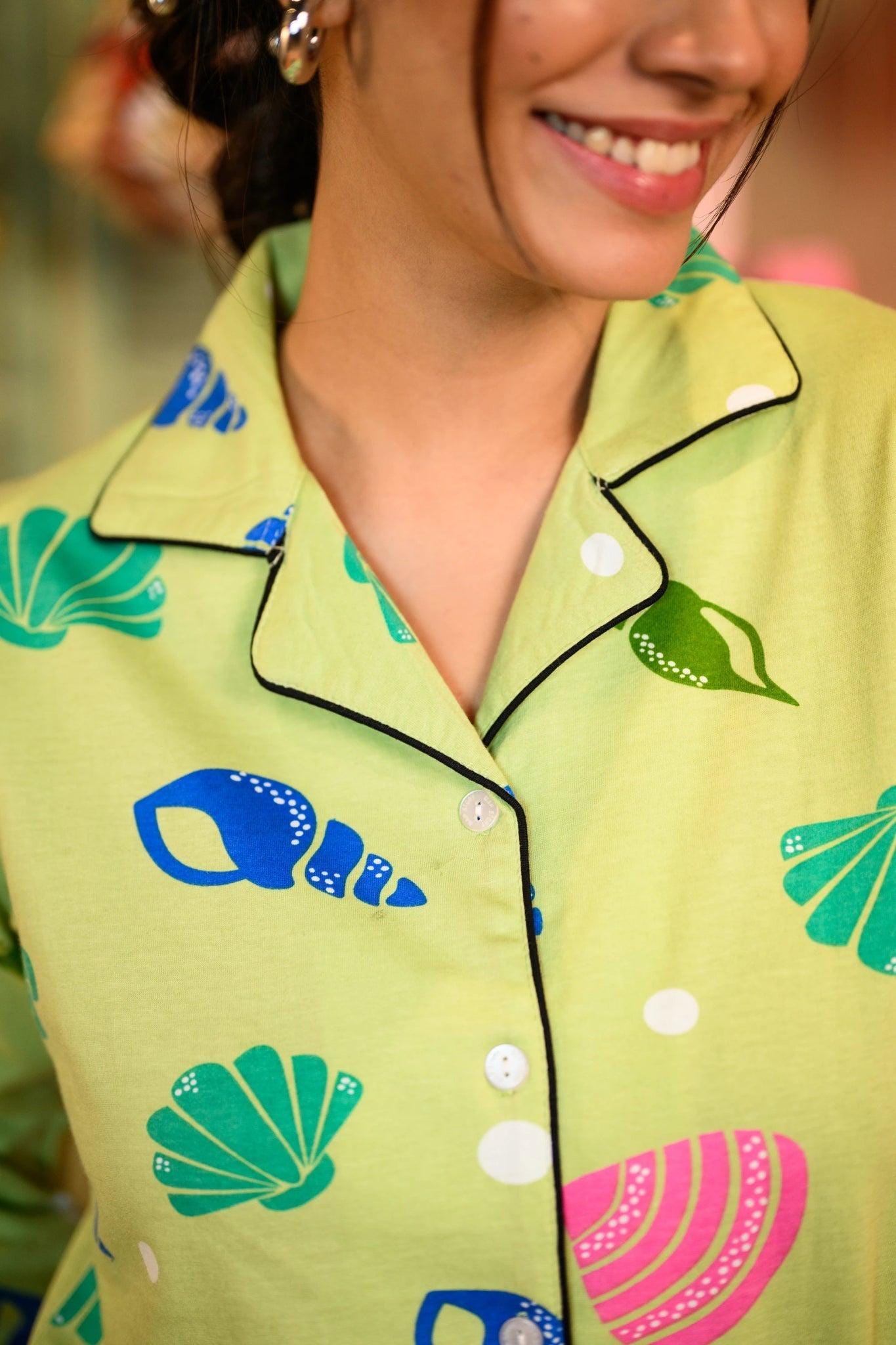 Sea Shells Full Sleeves Pyjama Set  Pajamas Set