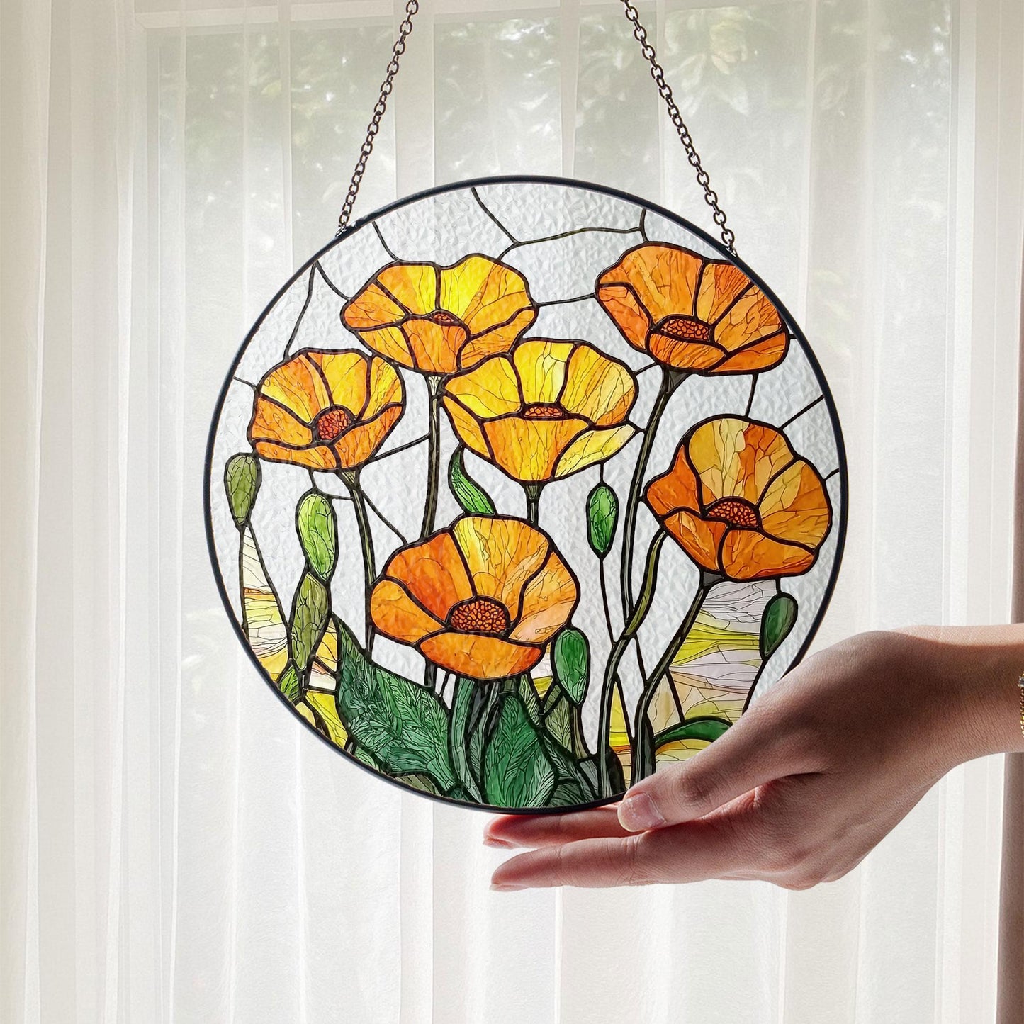 California Poppy Stained Glass SunCatcher California Poppy Window Hanging Home Poppy Flower Decoration Gift Flower Lover Decor