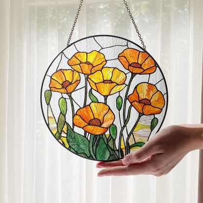 California Poppy Stained Glass SunCatcher California Poppy Window Hanging Home Poppy Flower Decoration Gift Flower Lover Decor