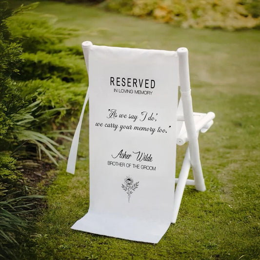 Reserved In Loving Memory Wedding Chair Banner – Personalized Memorial Seat Sign with Custom Name, Relation, and Quote for Ceremony