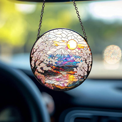 Cherry Blossom Stained Glass Suncatcher, Cherry Blossom and Mountain Window Hanging Decor, Sakura Flower Glass, Cherry Blossom Lover Gift