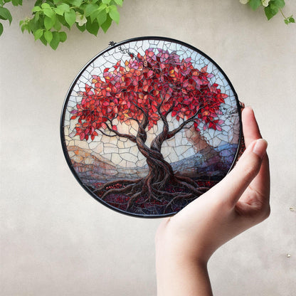 Stained Glass Tree of Life Window Hanging, Red Tree Suncatcher for Fall Decor, Boho Sunlight Catcher Art, Nature Gift for Home or Garden