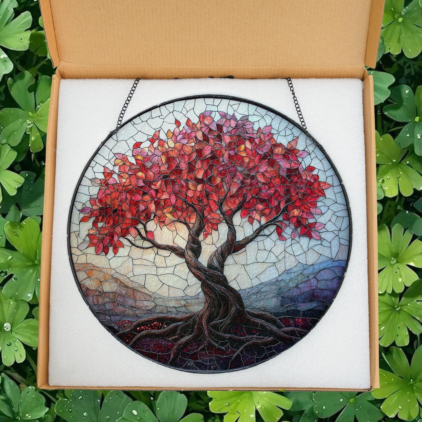 Stained Glass Tree of Life Window Hanging, Red Tree Suncatcher for Fall Decor, Boho Sunlight Catcher Art, Nature Gift for Home or Garden