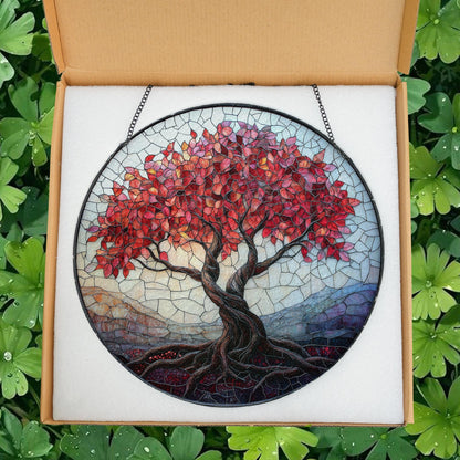 Stained Glass Tree of Life Window Hanging, Red Tree Suncatcher for Fall Decor, Boho Sunlight Catcher Art, Nature Gift for Home or Garden