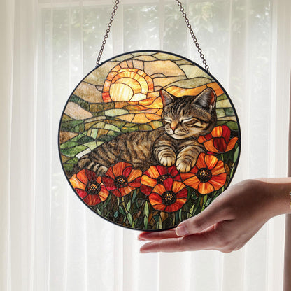 Cat Stained Glass Suncatcher, Gift For Mom, Poppies Flower Suncatcher, Tabby Cat Hanging Window, Cat Lover Gift, Flowers Field Suncatcher