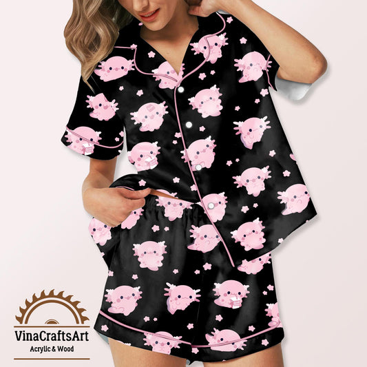 Cute Black Axolotl Pajamas Set, Kawaii Axolotl Gift Pajamas, Amphibian Sleepwear, Animal Axolotl Loungewear Gift, Axolotl Lover Pajamas