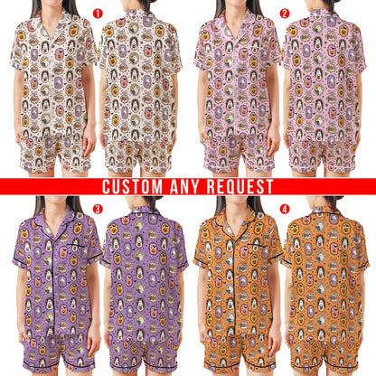 Coquette Girly Halloween Satin Pajamas Set, Spooky Season Short Long Sleeve Pajama Set, Boo Ghost Sleepwear, Cute Halloween Pajamas Set