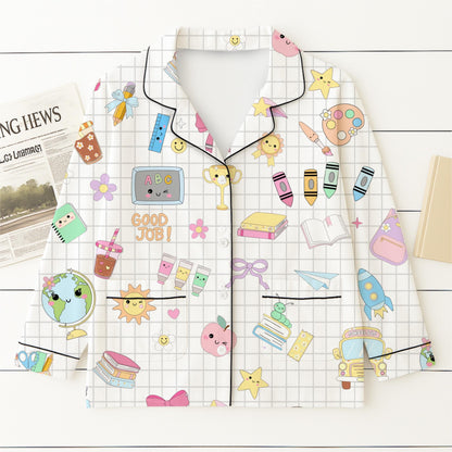 School Supplies Pajamas Set, Back To School Sleepwear, 1st Of School Pyjamas, Cute Homewear For Student, Teacher Appreciation Gift