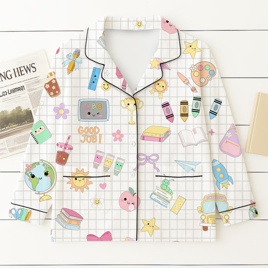 School Supplies Pajamas Set, Back To School Sleepwear, 1st Of School Pyjamas, Cute Homewear For Student, Teacher Appreciation Gift