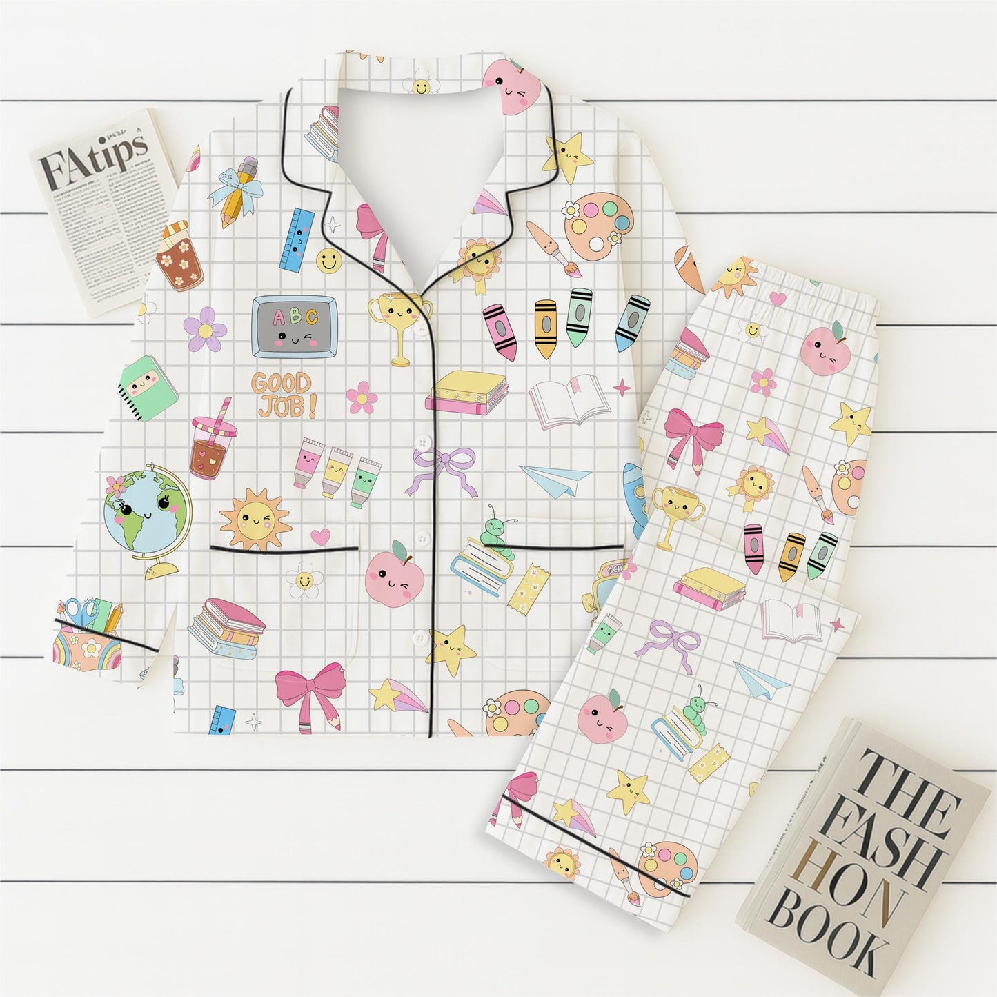 School Supplies Pajamas Set, Back To School Sleepwear, 1st Of School Pyjamas, Cute Homewear For Student, Teacher Appreciation Gift