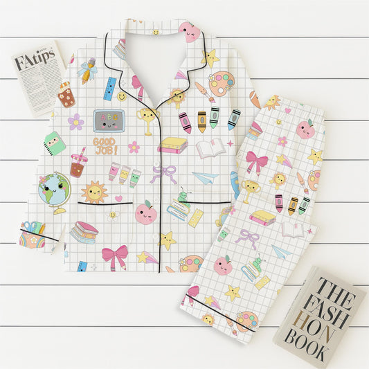 School Supplies Pajamas Set, Back To School Sleepwear, 1st Of School Pyjamas, Cute Homewear For Student, Teacher Appreciation Gift