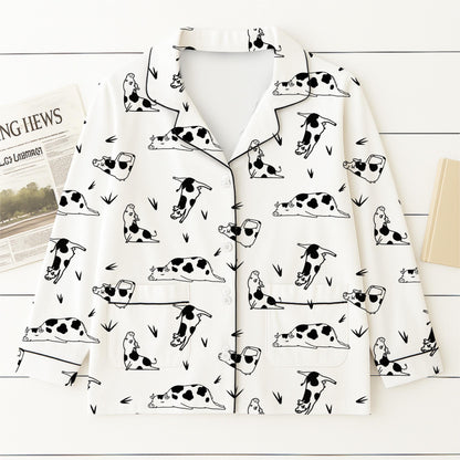 Yoga Dairy Cow Pajamas Set, Funny Cow Poses Sleepwear, Farm Animal Homewear, Dairy Cow Farm Gift, Cute Dairy Cow Pajamas