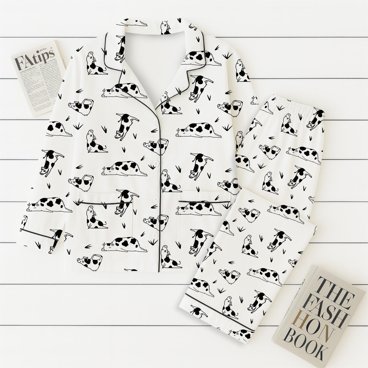 Yoga Dairy Cow Pajamas Set, Funny Cow Poses Sleepwear, Farm Animal Homewear, Dairy Cow Farm Gift, Cute Dairy Cow Pajamas