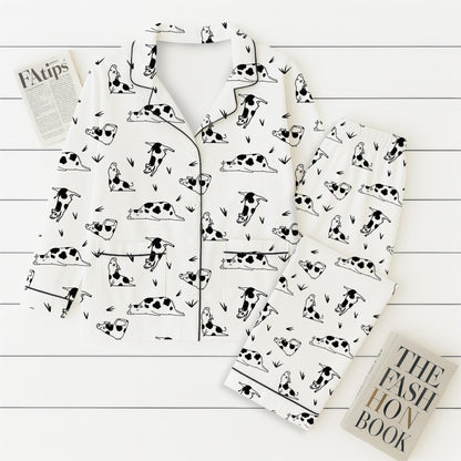 Yoga Dairy Cow Pajamas Set, Funny Cow Poses Sleepwear, Farm Animal Homewear, Dairy Cow Farm Gift, Cute Dairy Cow Pajamas