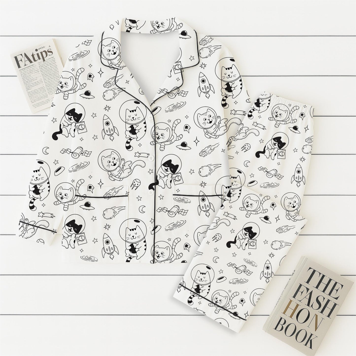 Cats In Space Pajamas Set, Space Astronaut Cat Homewear, Funny Cat Sleepwear, Gift For Cat Lover, Retro Vintage Cat Pyjamas