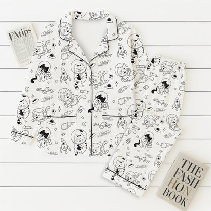 Cats In Space Pajamas Set, Space Astronaut Cat Homewear, Funny Cat Sleepwear, Gift For Cat Lover, Retro Vintage Cat Pyjamas
