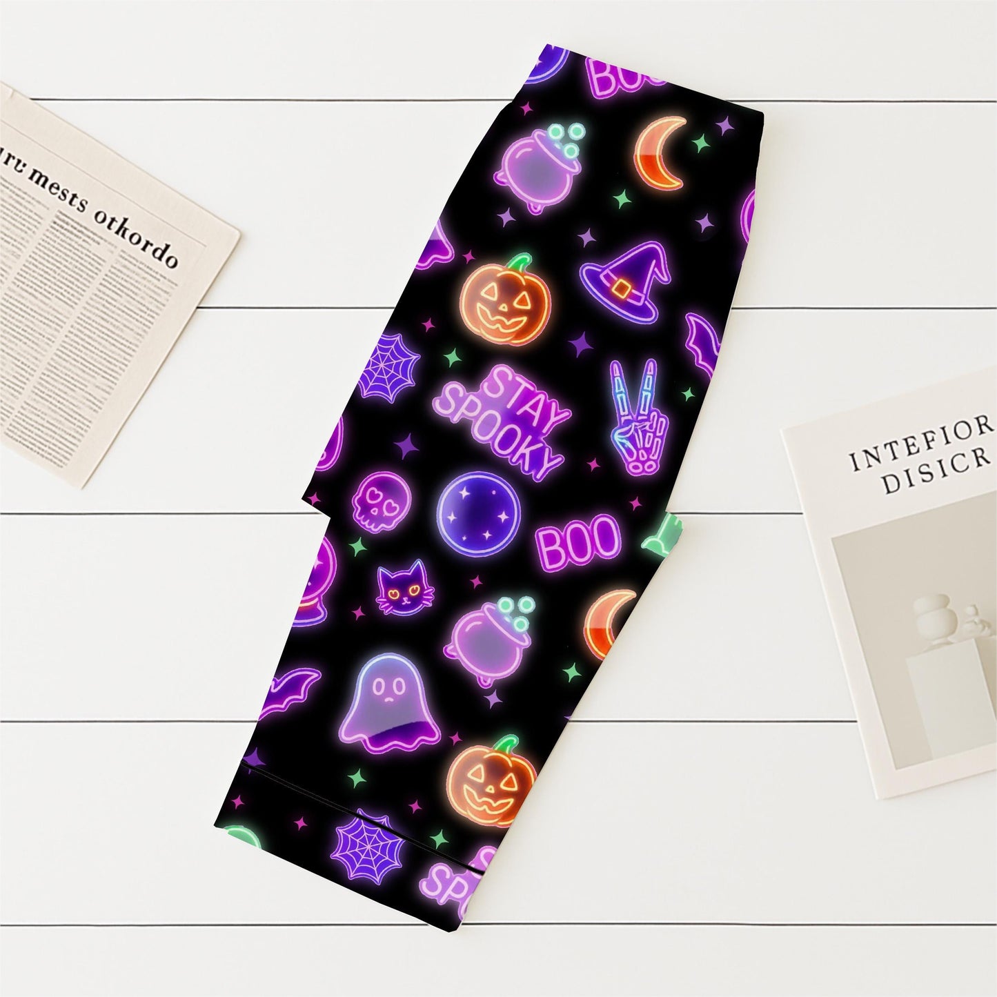 Stay Spooky Pajamas Set, Neon Halloween Pattern Sleepwear, Neon Ghost Pumpkin Skull Witch Bat Homewear, Spooky Season Gift