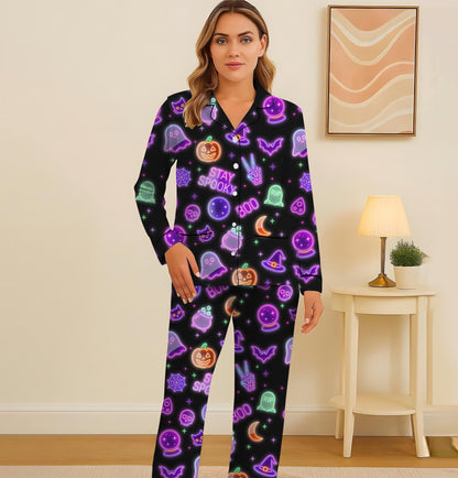 Stay Spooky Pajamas Set, Neon Halloween Pattern Sleepwear, Neon Ghost Pumpkin Skull Witch Bat Homewear, Spooky Season Gift