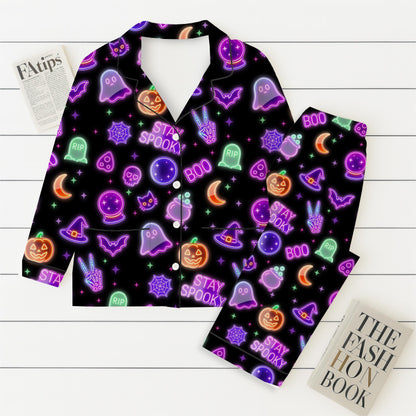 Stay Spooky Pajamas Set, Neon Halloween Pattern Sleepwear, Neon Ghost Pumpkin Skull Witch Bat Homewear, Spooky Season Gift