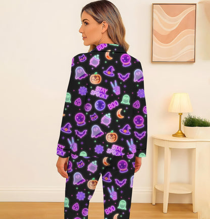 Stay Spooky Pajamas Set, Neon Halloween Pattern Sleepwear, Neon Ghost Pumpkin Skull Witch Bat Homewear, Spooky Season Gift