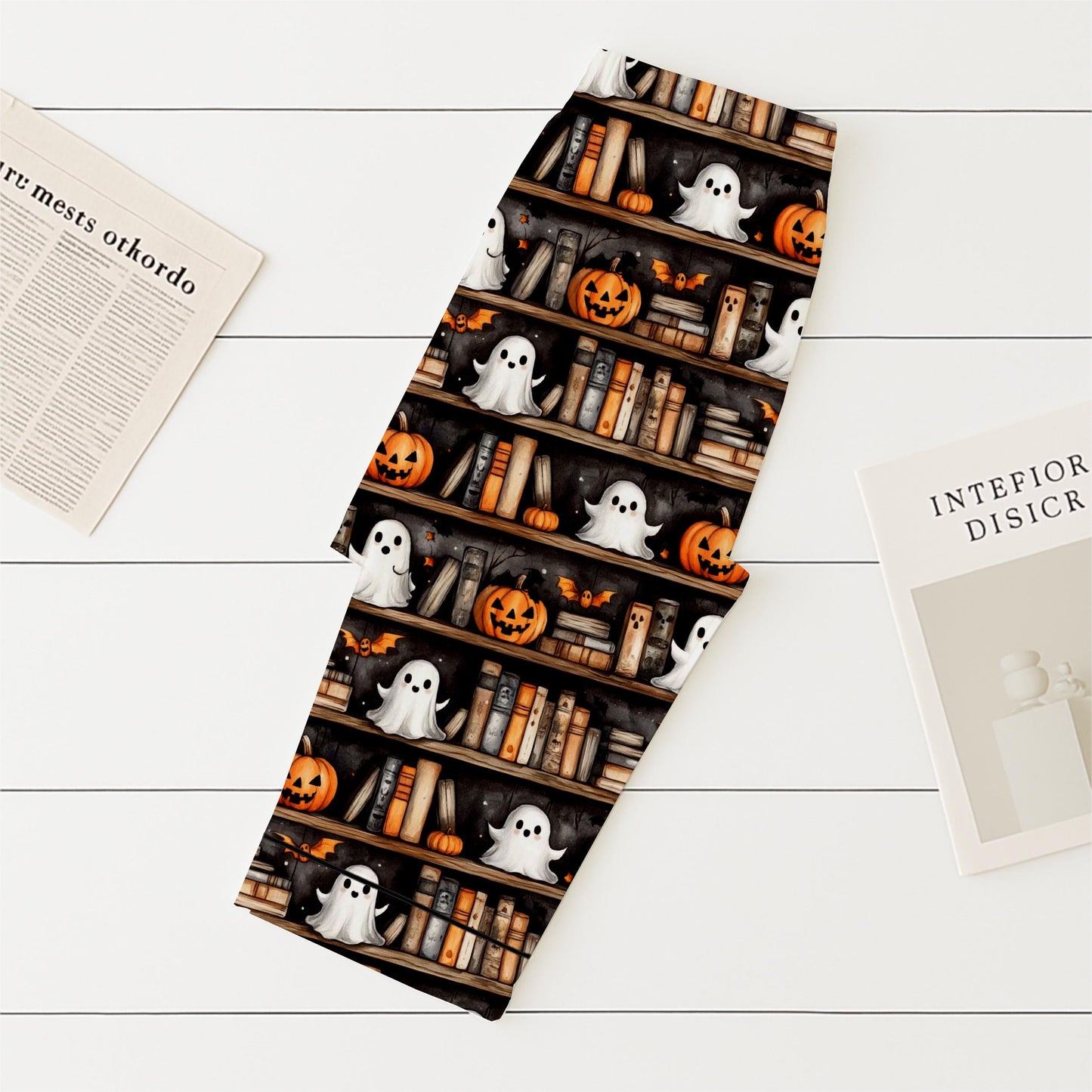 Halloween Ghost Bookshelf Pajamas Set, Vintage Halloween Sleepwear, Pumpkin Book Ghost Homewear, Cozy Loungewear, Halloween Book Pjs