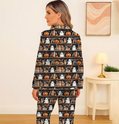 Halloween Ghost Bookshelf Pajamas Set, Vintage Halloween Sleepwear, Pumpkin Book Ghost Homewear, Cozy Loungewear, Halloween Book Pjs