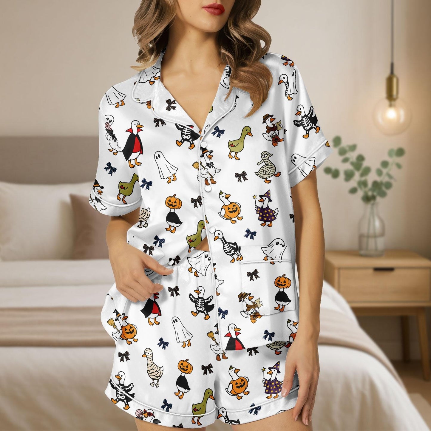 Duck Halloween Satin Pajama Set, Cute Mummy Ghost Pumpkin Pjs, Cozy Satin Sleepwear Shorts for Women, Halloween Gift For Her