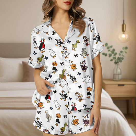 Duck Halloween Satin Pajama Set, Cute Mummy Ghost Pumpkin Pjs, Cozy Satin Sleepwear Shorts for Women, Halloween Gift For Her