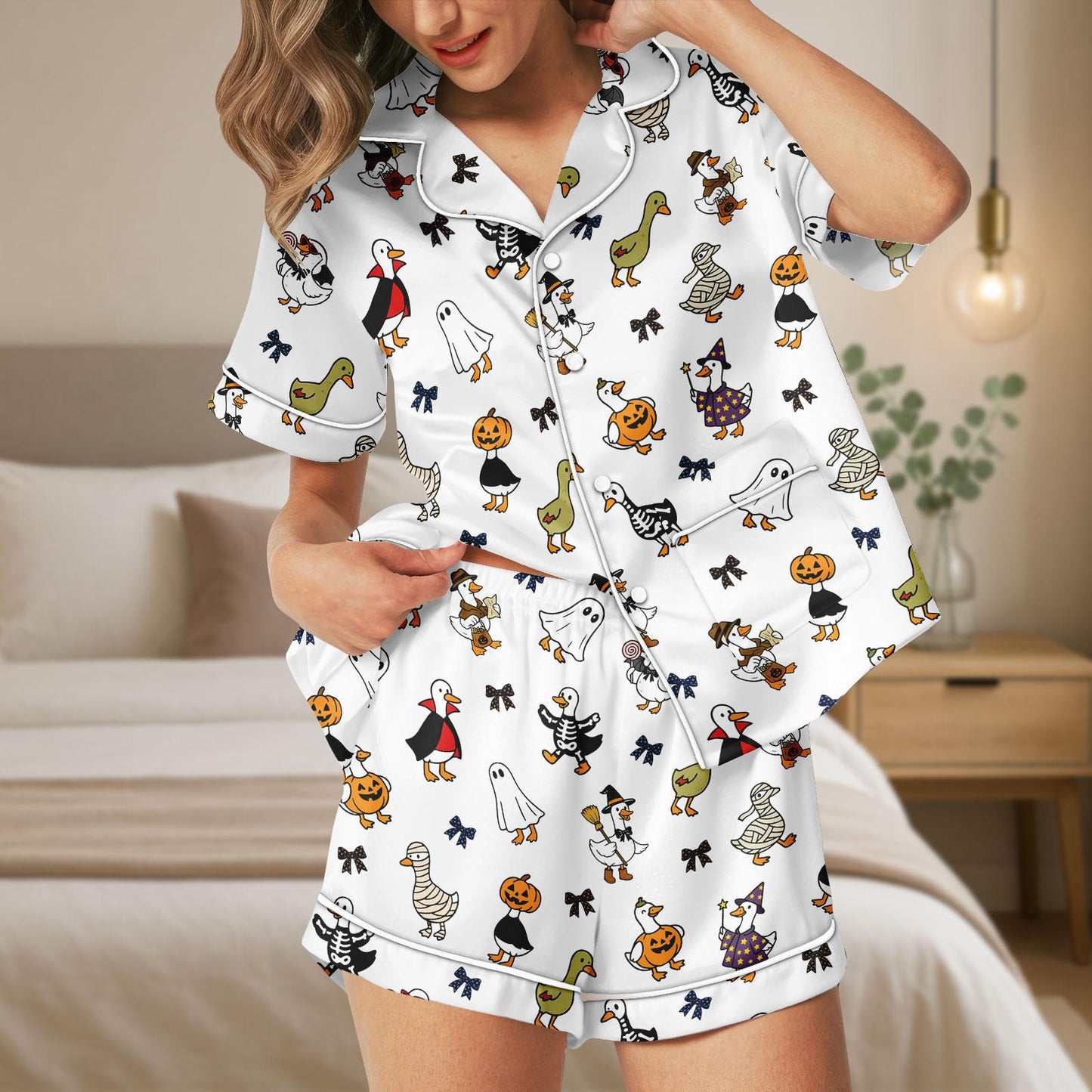 Duck Halloween Satin Pajama Set, Cute Mummy Ghost Pumpkin Pjs, Cozy Satin Sleepwear Shorts for Women, Halloween Gift For Her