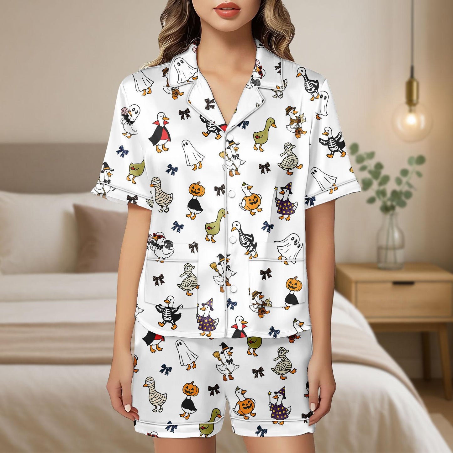 Duck Halloween Satin Pajama Set, Cute Mummy Ghost Pumpkin Pjs, Cozy Satin Sleepwear Shorts for Women, Halloween Gift For Her