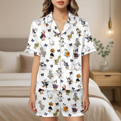 Duck Halloween Satin Pajama Set, Cute Mummy Ghost Pumpkin Pjs, Cozy Satin Sleepwear Shorts for Women, Halloween Gift For Her