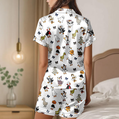 Duck Halloween Satin Pajama Set, Cute Mummy Ghost Pumpkin Pjs, Cozy Satin Sleepwear Shorts for Women, Halloween Gift For Her
