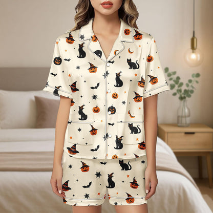Halloween Cat Satin Pajama Set, Pumpkin Bat Witch Hat Pjs, Cozy Satin Shorts Sleepwear for Women, Halloween Pajamas Set For Her