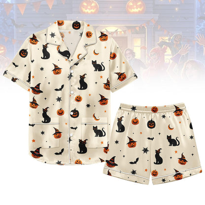 Halloween Cat Satin Pajama Set, Pumpkin Bat Witch Hat Pjs, Cozy Satin Shorts Sleepwear for Women, Halloween Pajamas Set For Her