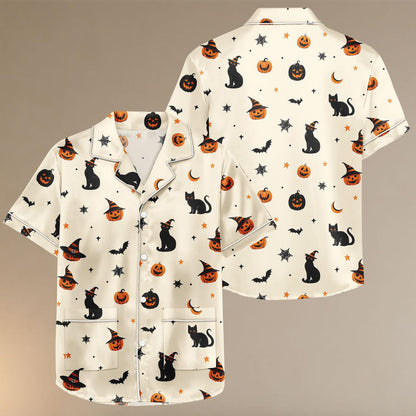 Halloween Cat Satin Pajama Set, Pumpkin Bat Witch Hat Pjs, Cozy Satin Shorts Sleepwear for Women, Halloween Pajamas Set For Her