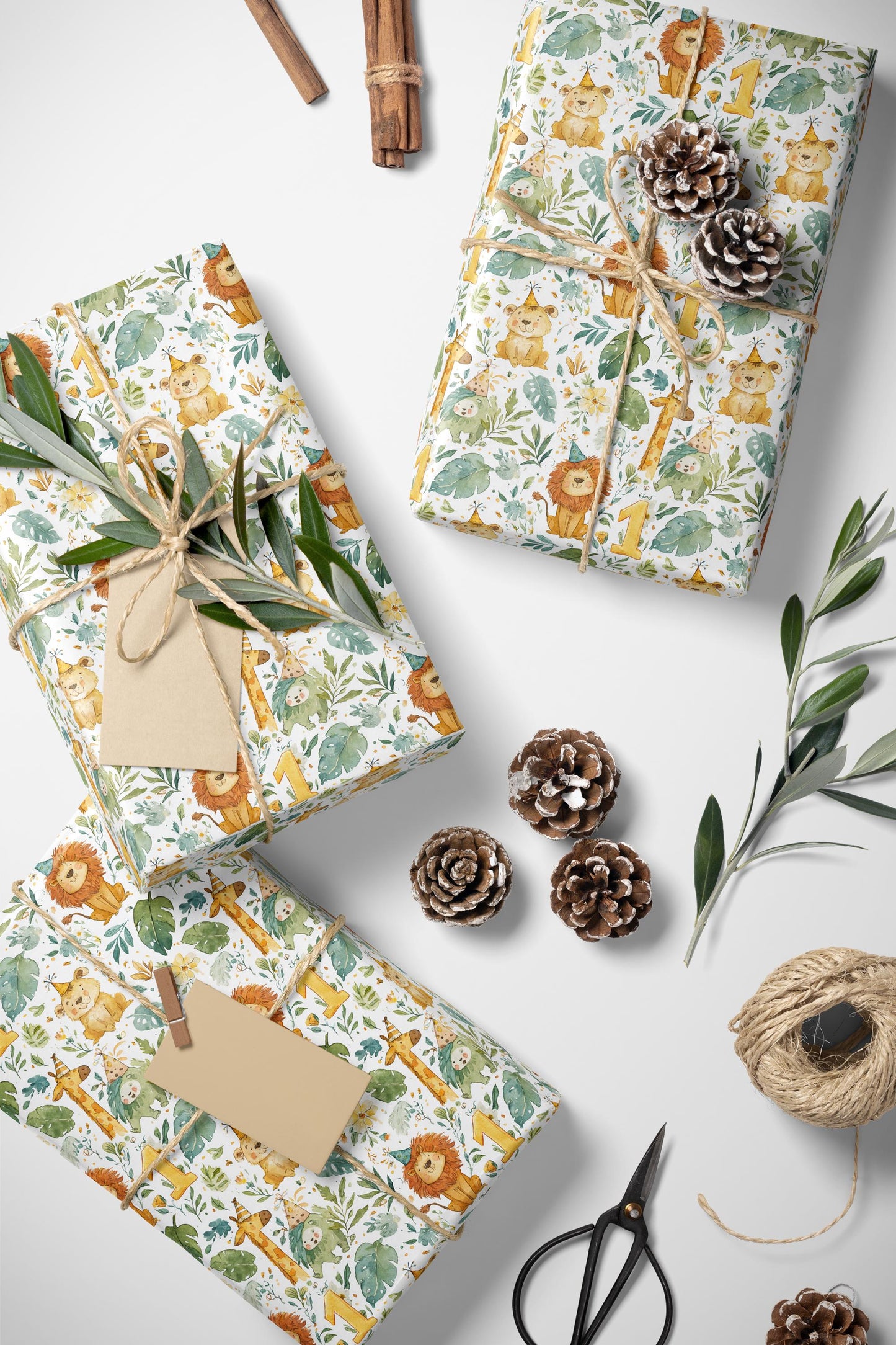 Baby Boy First Birthday Safari Wrapping Paper Roll, Jungle Animal Gift Wrap for Toddler 1st Birthday Party and Wild One Theme #5