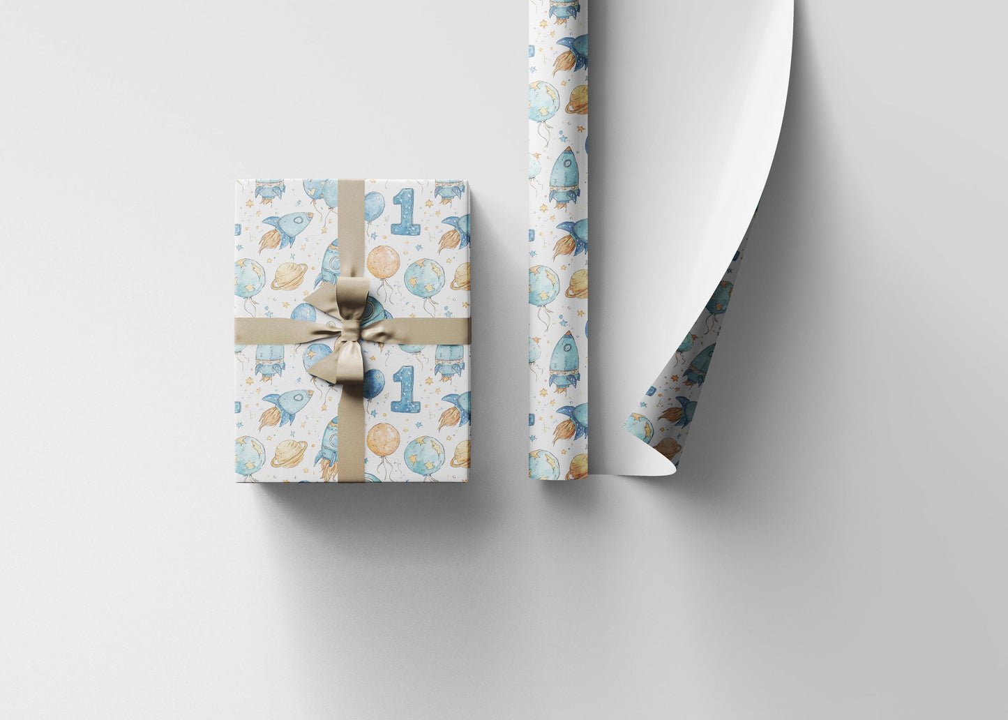 Baby Boy First Birthday Space Wrapping Paper Roll, Astronaut Rocket Gift Wrap for Toddler 1st Birthday Party and Galaxy Theme #1