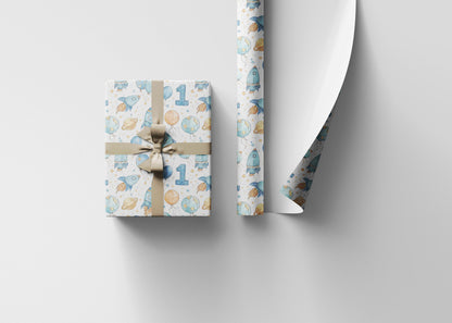 Baby Boy First Birthday Space Wrapping Paper Roll, Astronaut Rocket Gift Wrap for Toddler 1st Birthday Party and Galaxy Theme #1