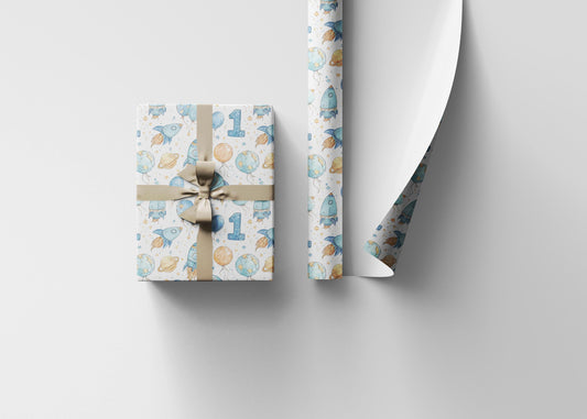 Baby Boy First Birthday Space Wrapping Paper Roll, Astronaut Rocket Gift Wrap for Toddler 1st Birthday Party and Galaxy Theme #1