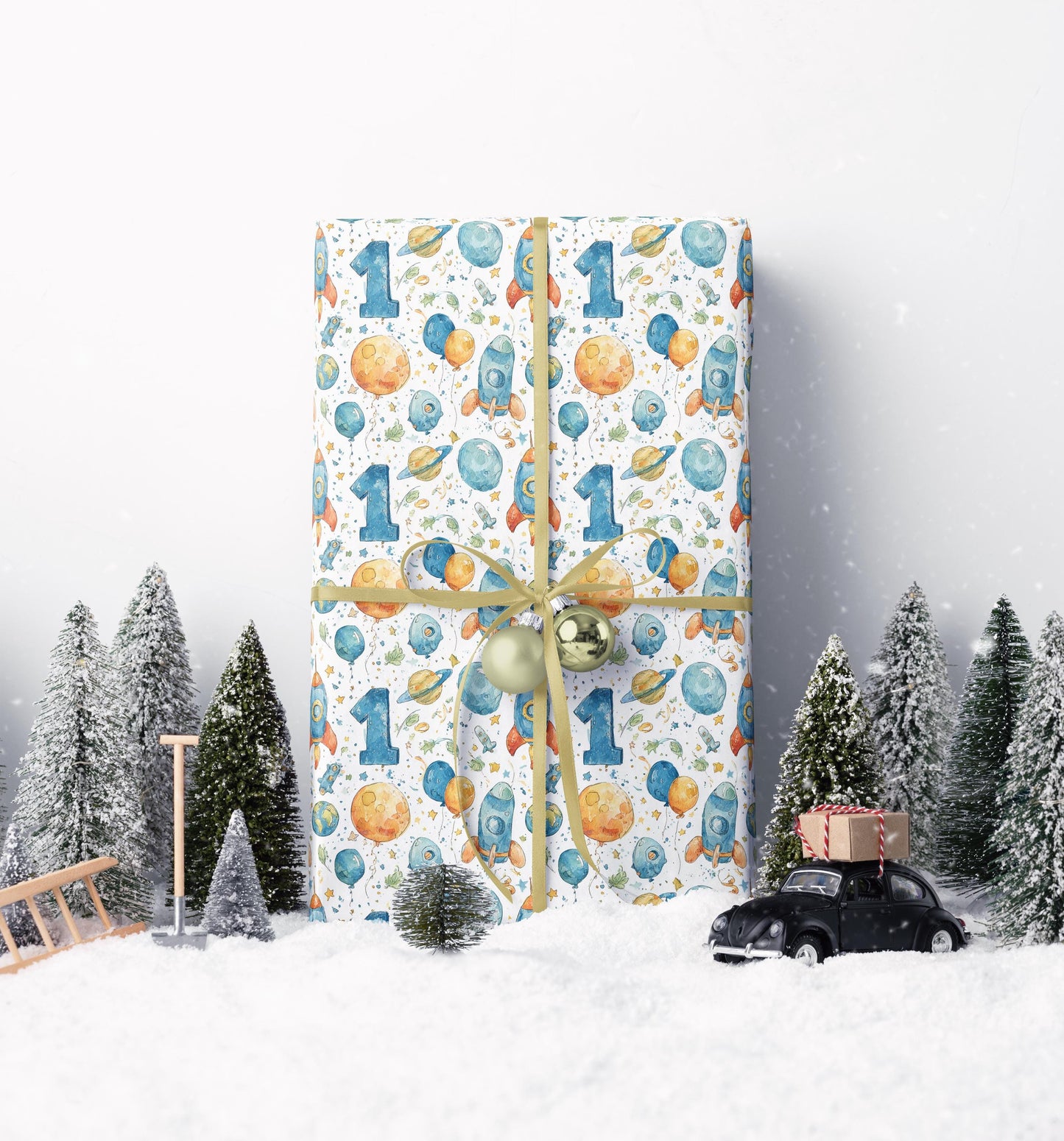 Baby Boy Space Wrapping Paper Roll, First Birthday Gift Wrap with Rockets, Planets, and Stars for Toddler Celebrations #3