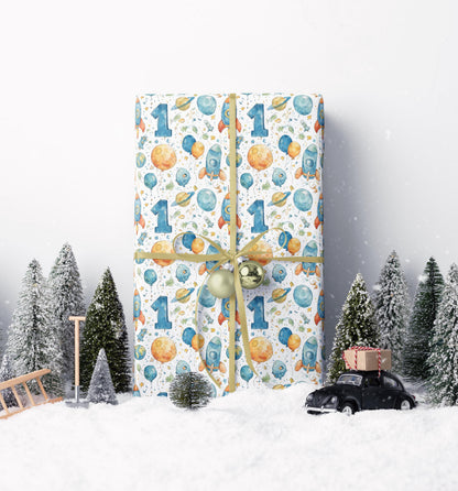 Baby Boy Space Wrapping Paper Roll, First Birthday Gift Wrap with Rockets, Planets, and Stars for Toddler Celebrations #3