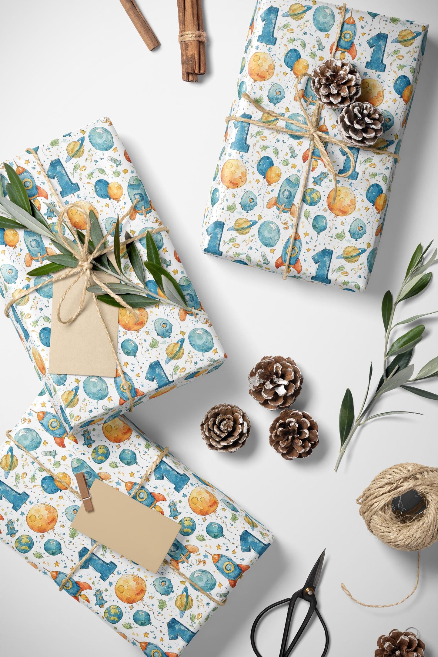 Baby Boy Space Wrapping Paper Roll, First Birthday Gift Wrap with Rockets, Planets, and Stars for Toddler Celebrations #3
