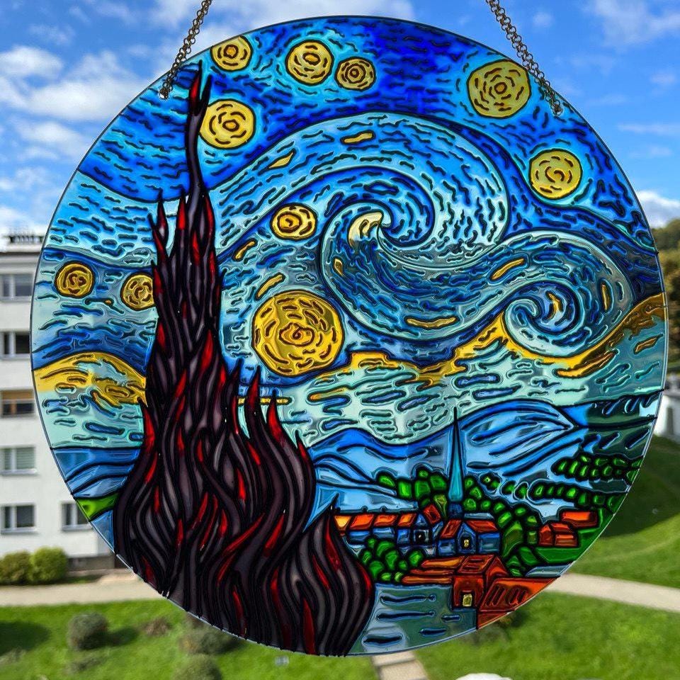 Van Gogh Starry Night Stained Glass Handcrafted Painting - Round Glass Wall Art - Window Hangings - Handmade Gift for art lover