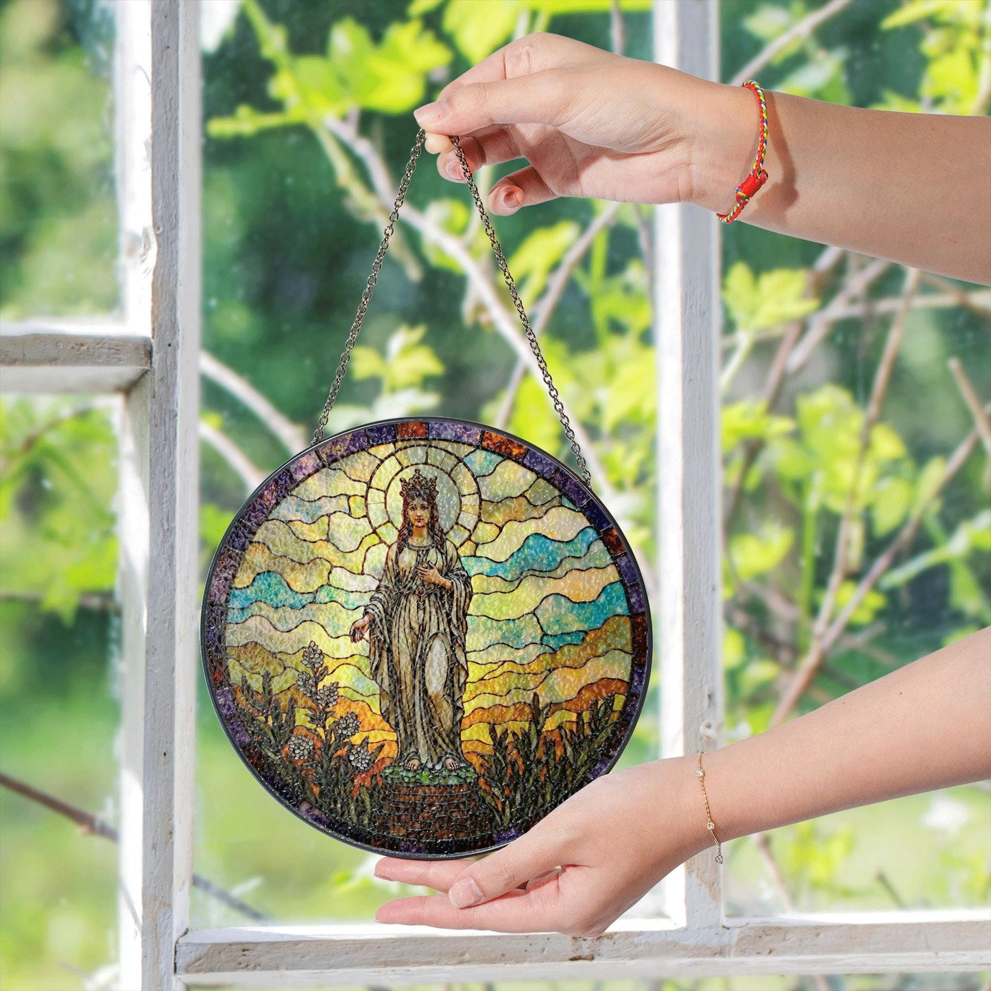 Crowned Virgin stained glass round suncatcher for window spiritual decor Mother's Day gift