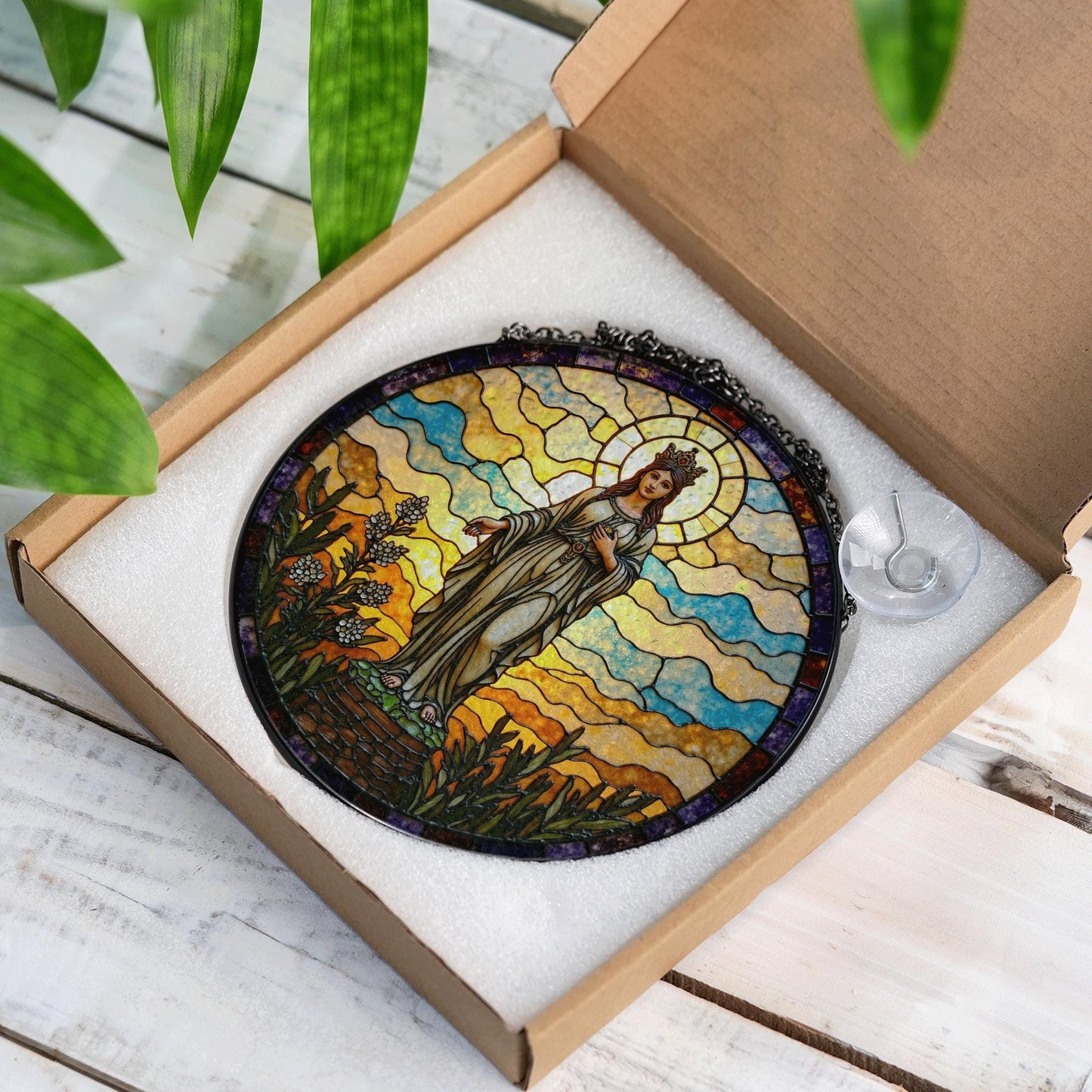 Crowned Virgin stained glass round suncatcher for window spiritual decor Mother's Day gift