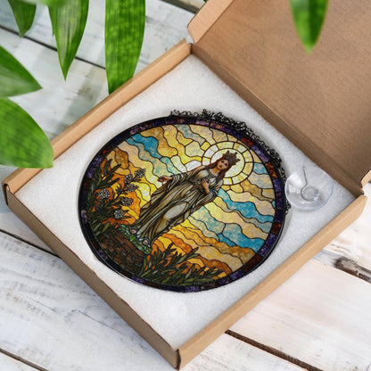 Crowned Virgin stained glass round suncatcher for window spiritual decor Mother's Day gift