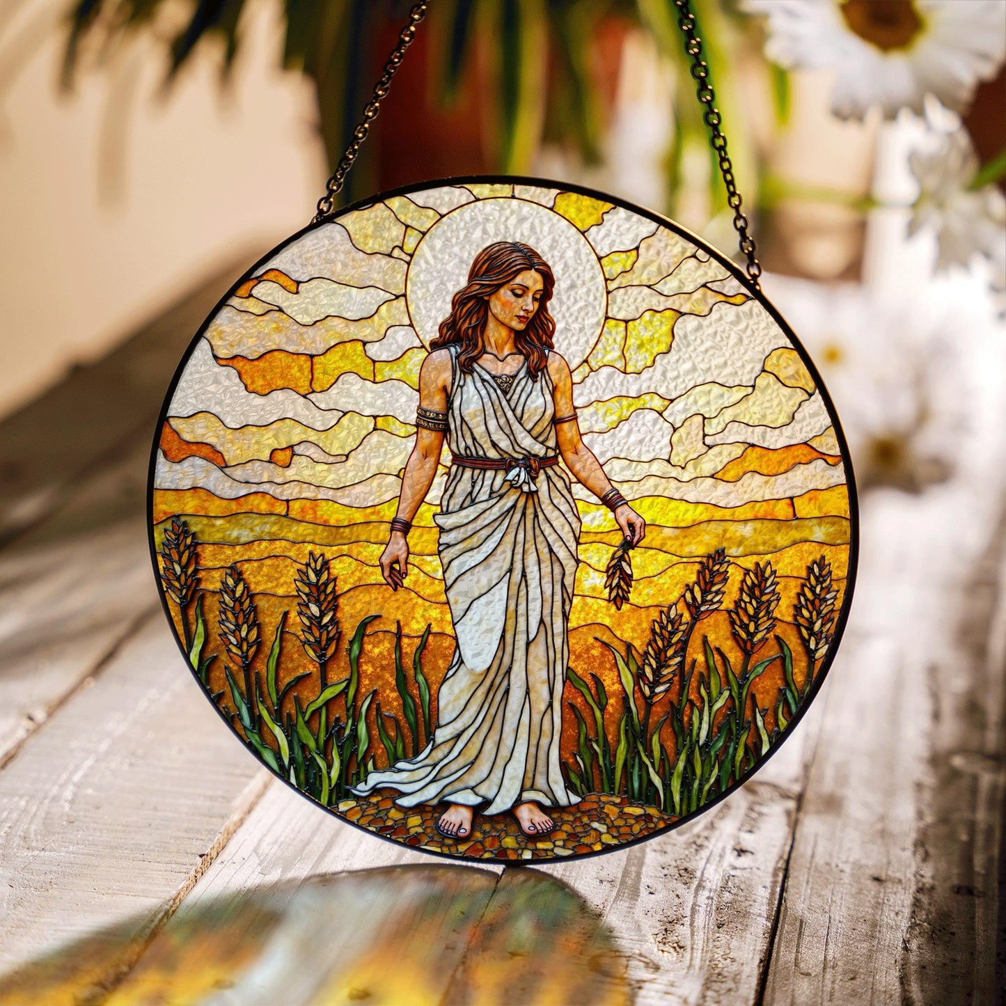 Goddess in wheat field stained glass suncatcher window hanging gift for mom birthday or harvest holiday