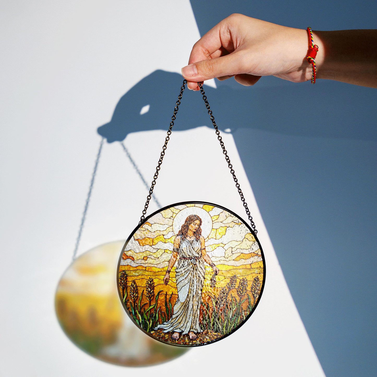 Goddess in wheat field stained glass suncatcher window hanging gift for mom birthday or harvest holiday