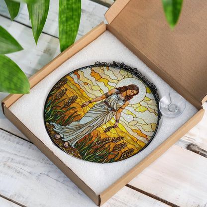Goddess in wheat field stained glass suncatcher window hanging gift for mom birthday or harvest holiday
