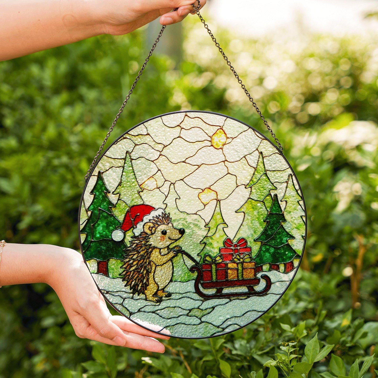 Cute Hedgehog Pulling Sleigh Stained Glass Suncatcher Christmas Window Decor Gift for Kids or Animal Lovers